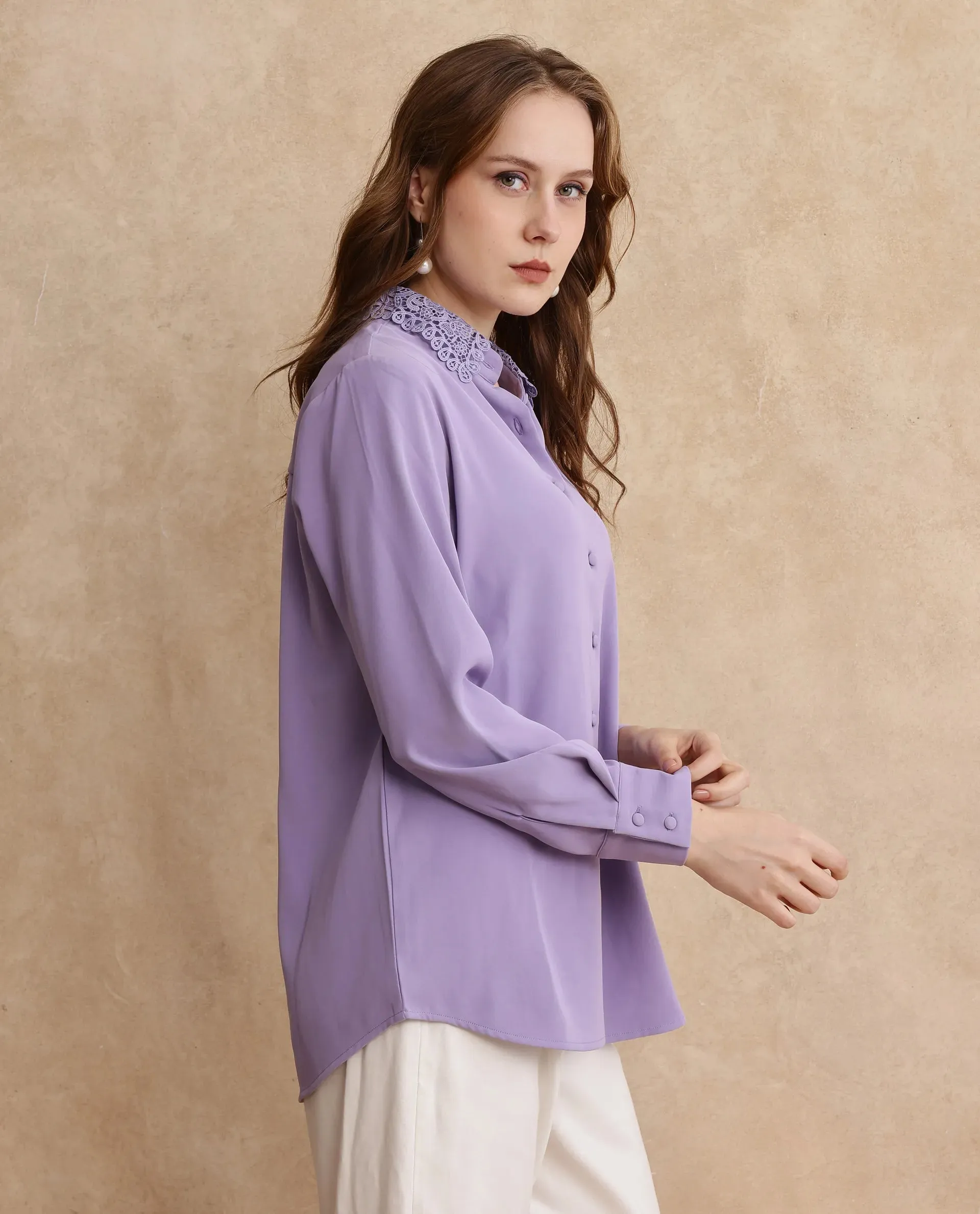 Rareism Women Dejon Dusky Lavender Cuffed Sleeve Collared Neck Regular Fit Plain Shirt