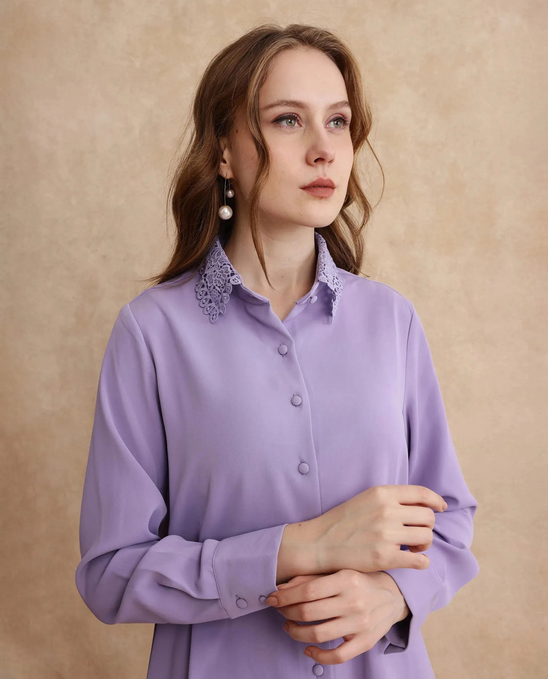 Rareism Women Dejon Dusky Lavender Cuffed Sleeve Collared Neck Regular Fit Plain Shirt