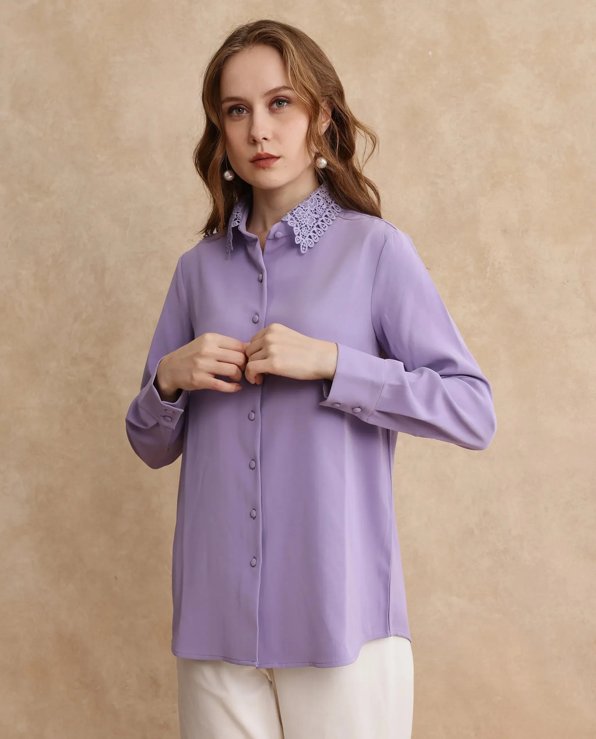 Rareism Women Dejon Dusky Lavender Cuffed Sleeve Collared Neck Regular Fit Plain Shirt