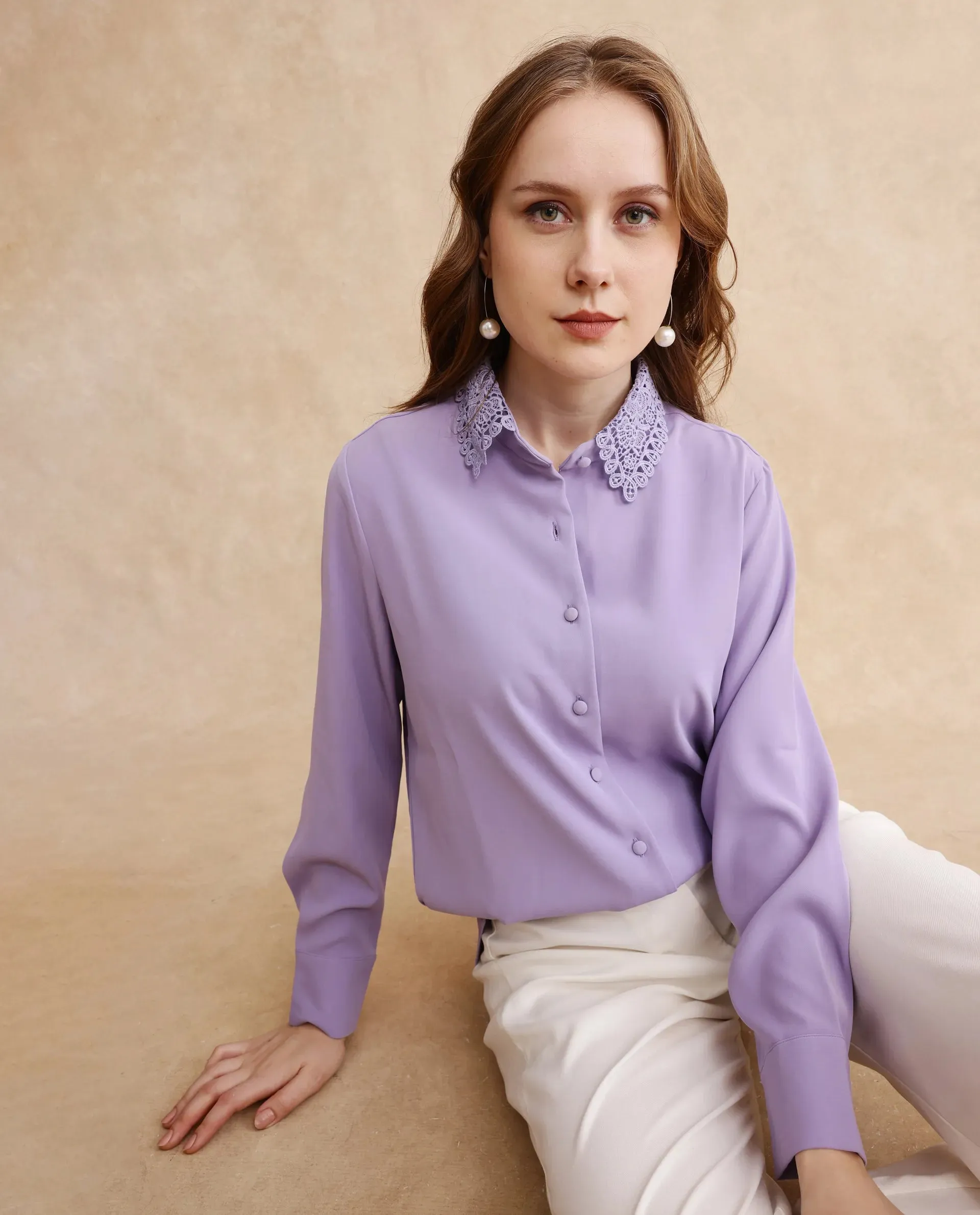 Rareism Women Dejon Dusky Lavender Cuffed Sleeve Collared Neck Regular Fit Plain Shirt