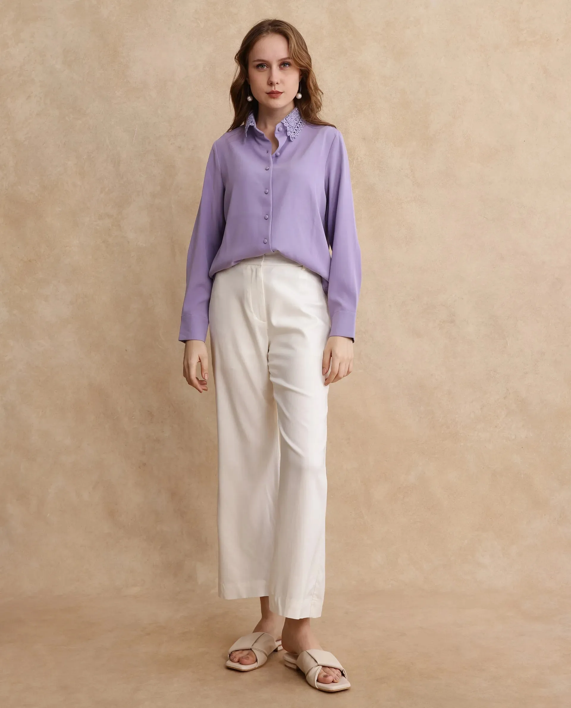 Rareism Women Dejon Dusky Lavender Cuffed Sleeve Collared Neck Regular Fit Plain Shirt