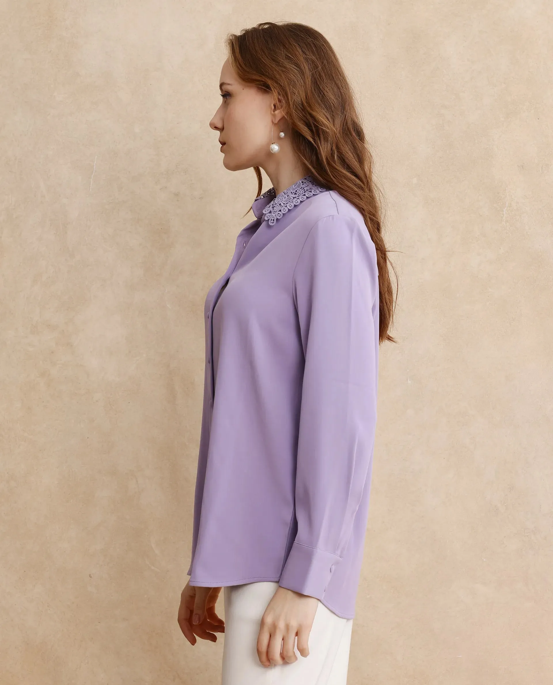 Rareism Women Dejon Dusky Lavender Cuffed Sleeve Collared Neck Regular Fit Plain Shirt