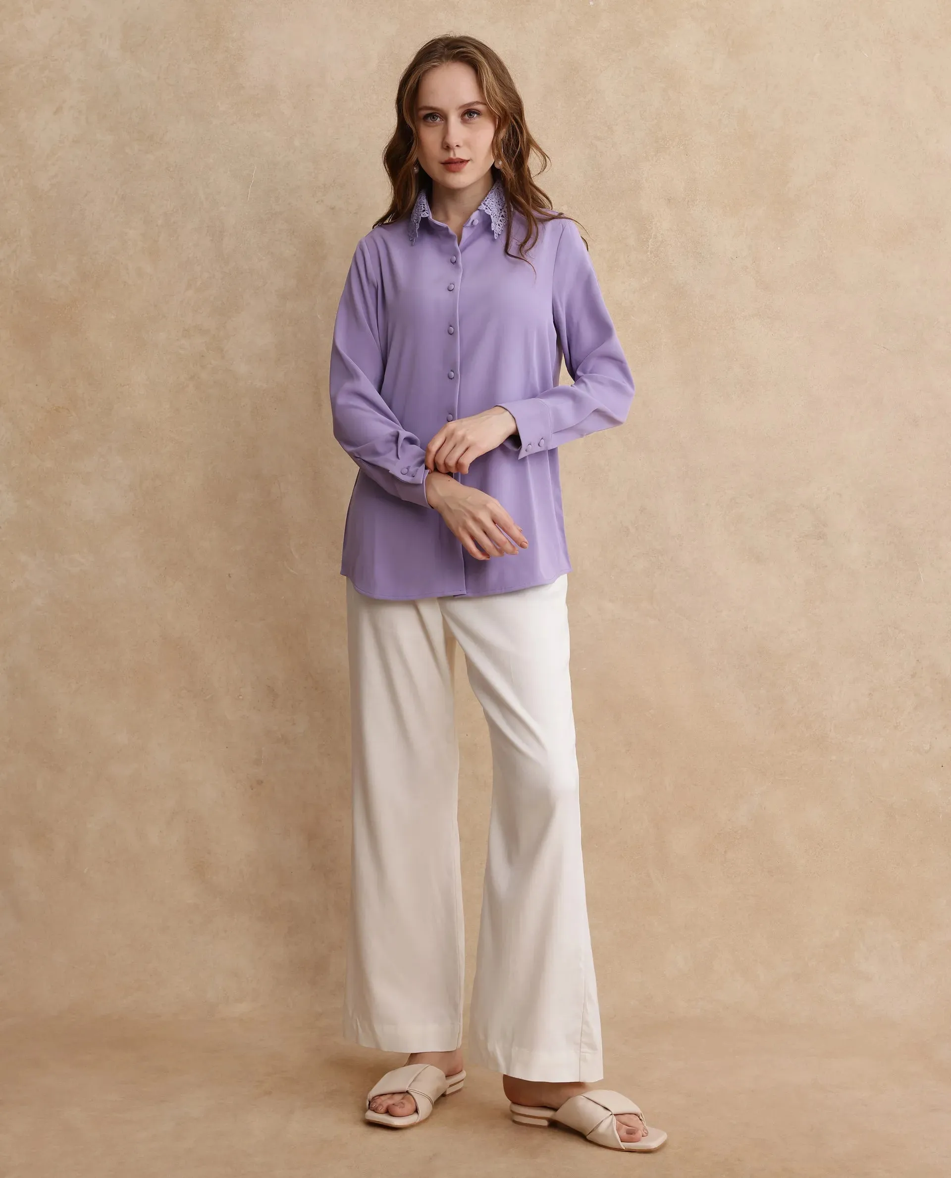 Rareism Women Dejon Dusky Lavender Cuffed Sleeve Collared Neck Regular Fit Plain Shirt