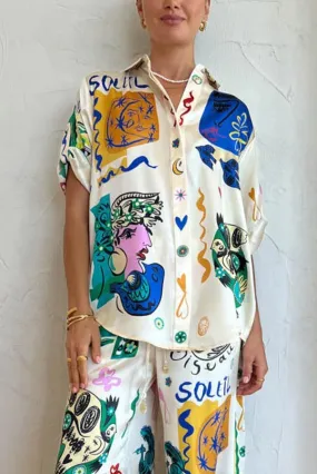 Sun Tribe Satin Unique Printed Button Down Oversized Blouse