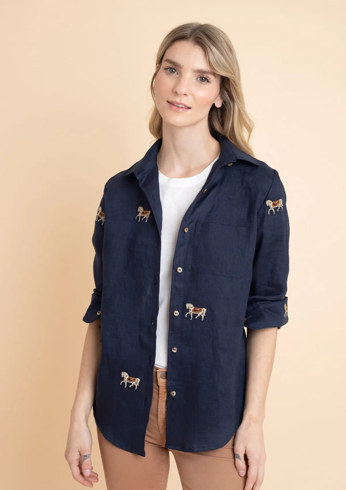 Sundown Embroidered Horses Linen Shirt | Navy