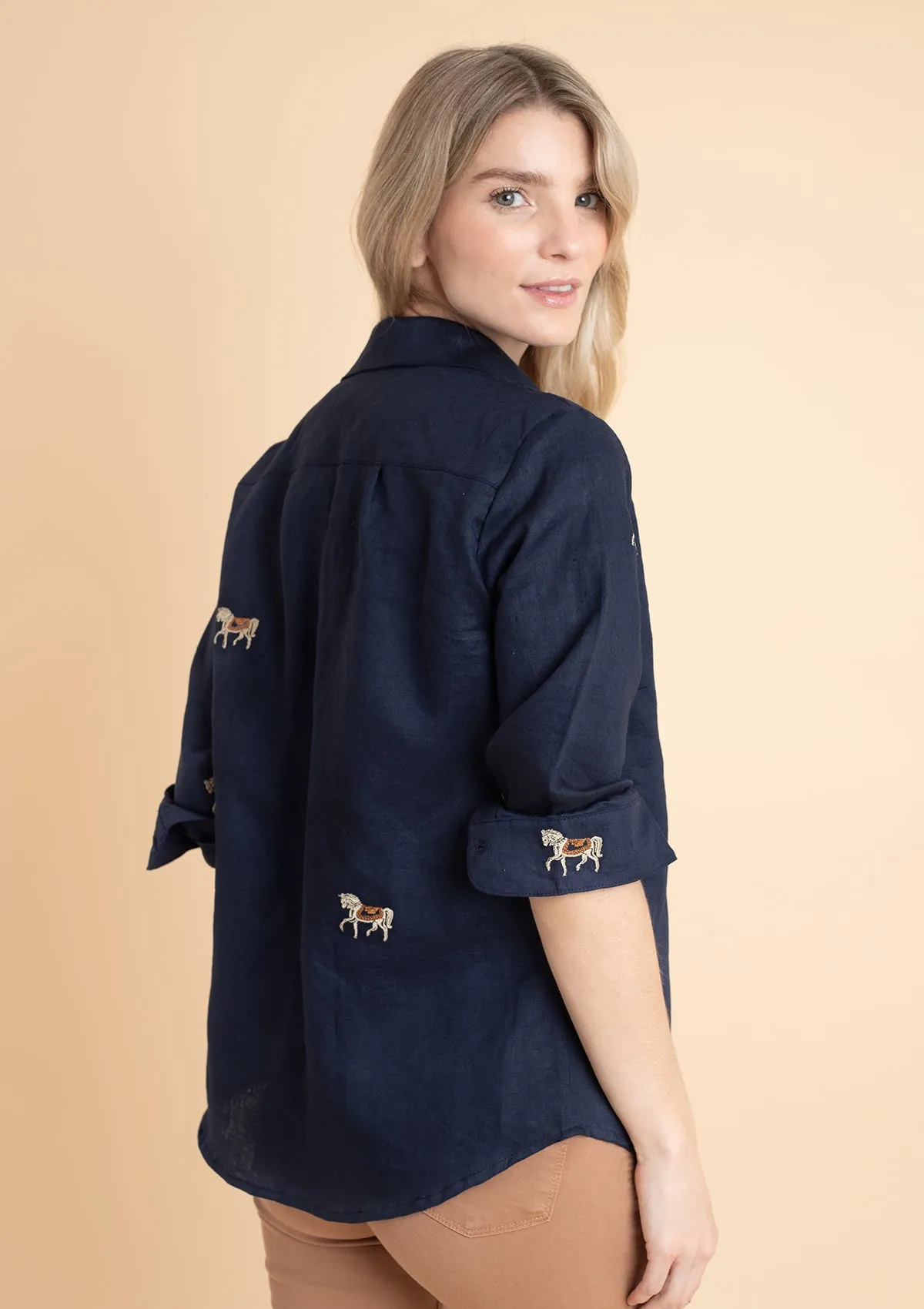 Sundown Embroidered Horses Linen Shirt | Navy