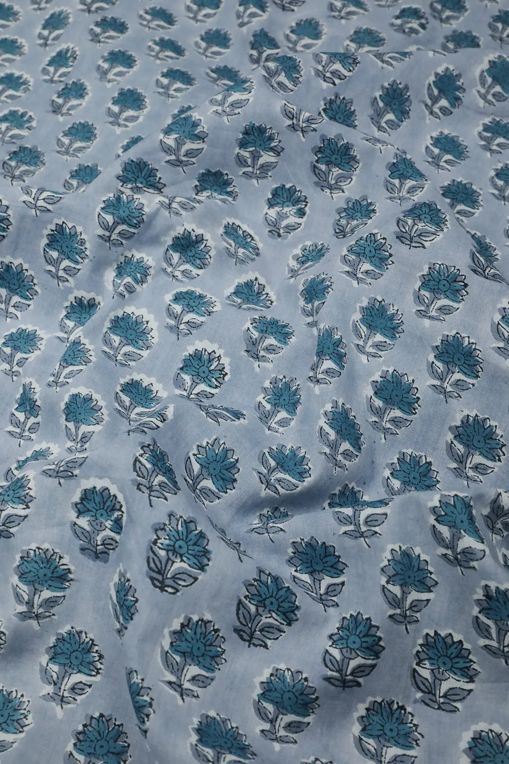 Tiny Florets on Blue Sanganeri Cotton Fabric