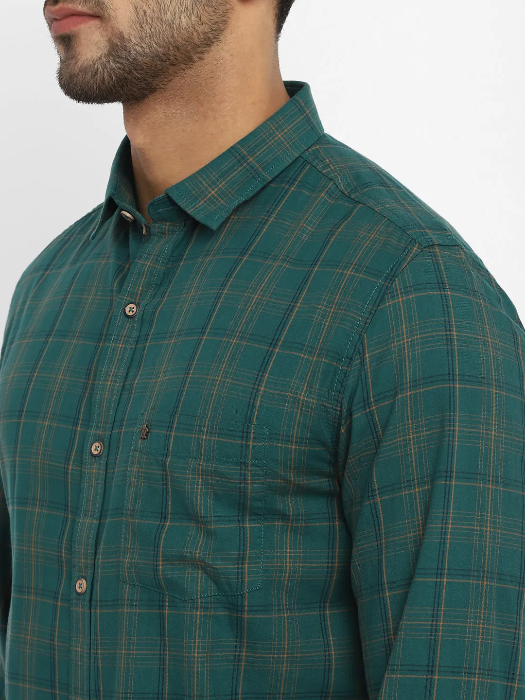 Turtle Men Teal Cotton Checked Slim Fit Shirts