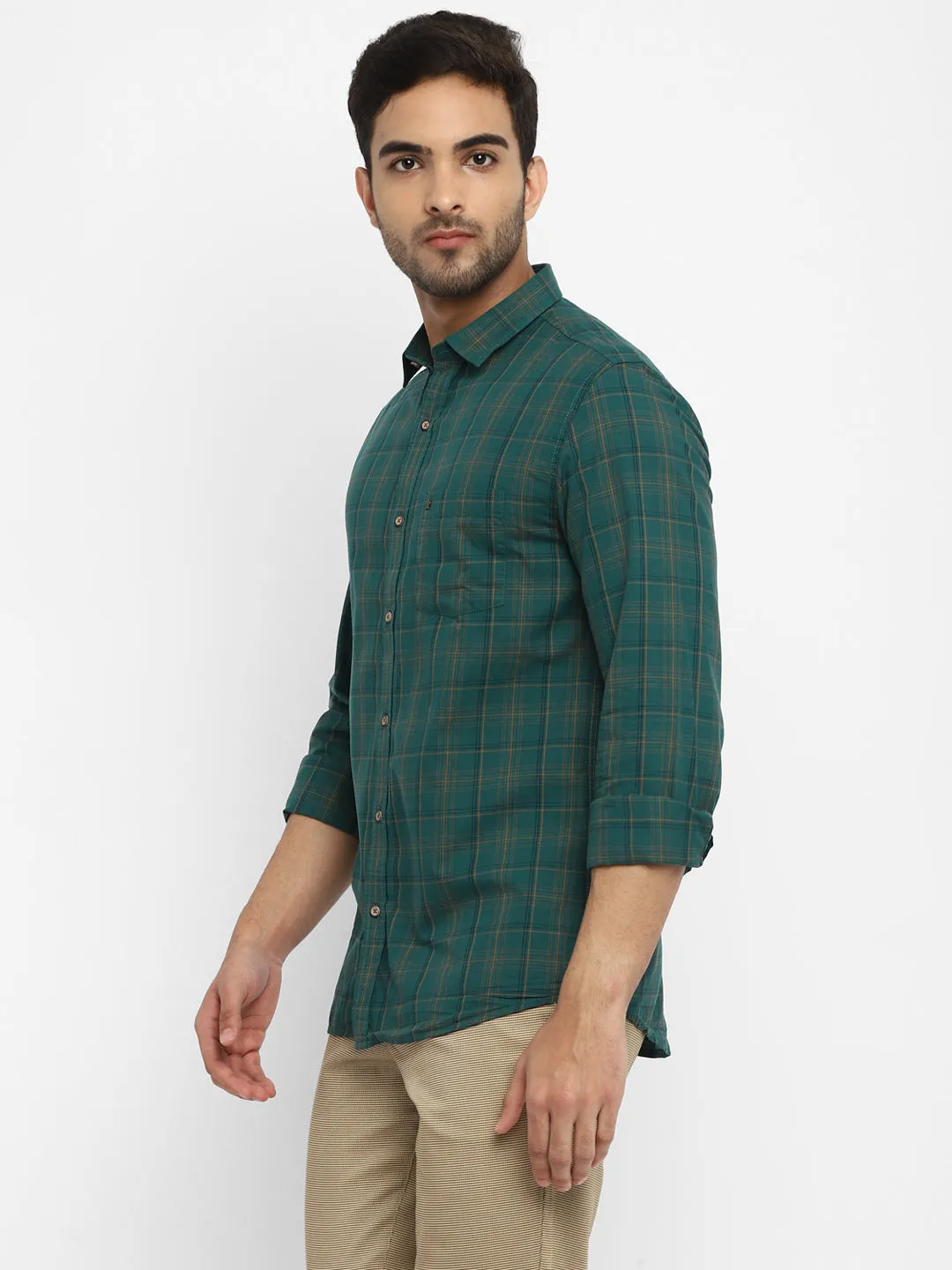 Turtle Men Teal Cotton Checked Slim Fit Shirts