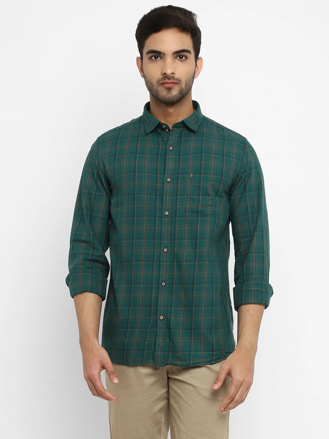 Turtle Men Teal Cotton Checked Slim Fit Shirts