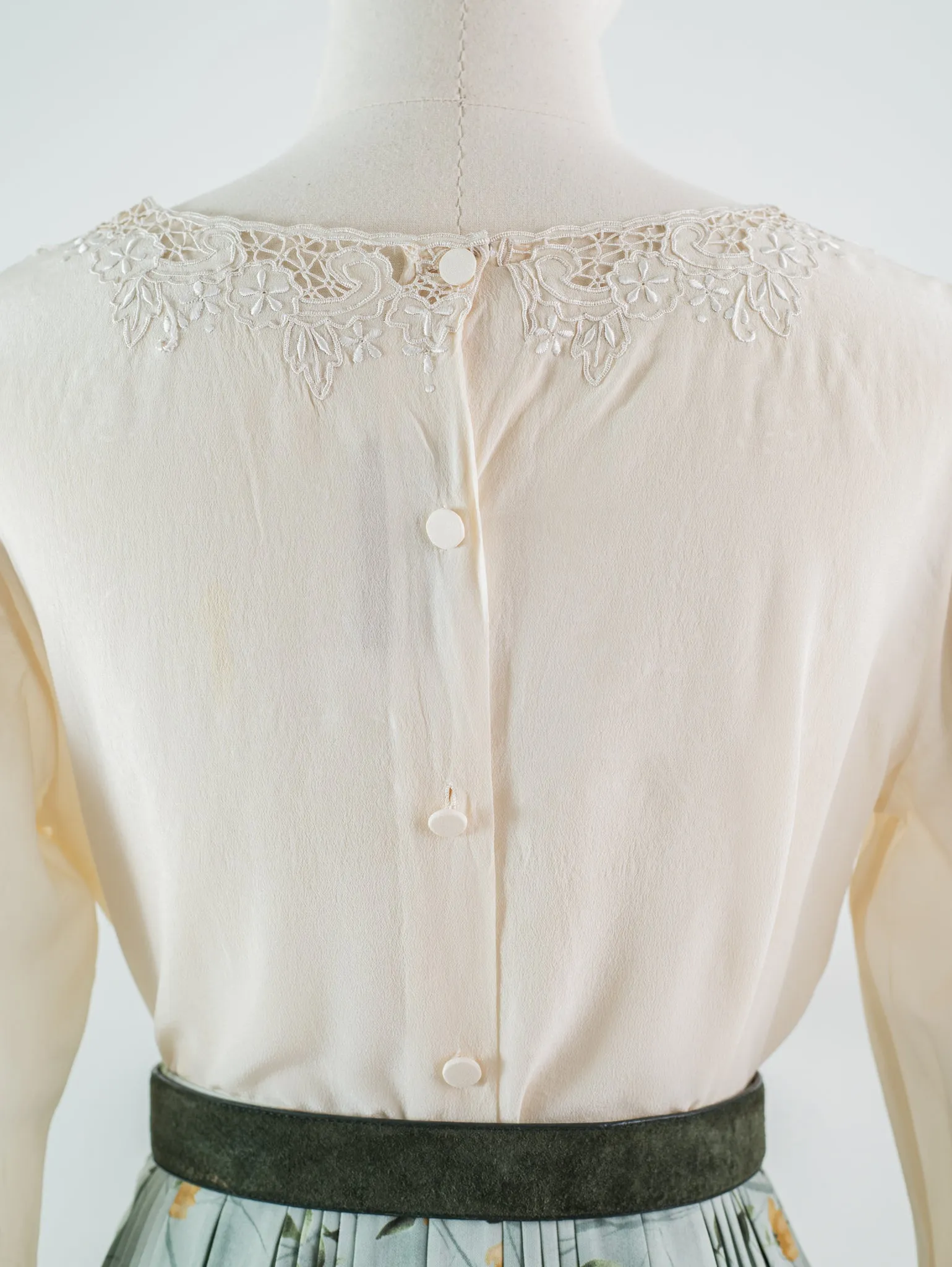 Vintage Cream Embroidered Round Neck Silk Blouse