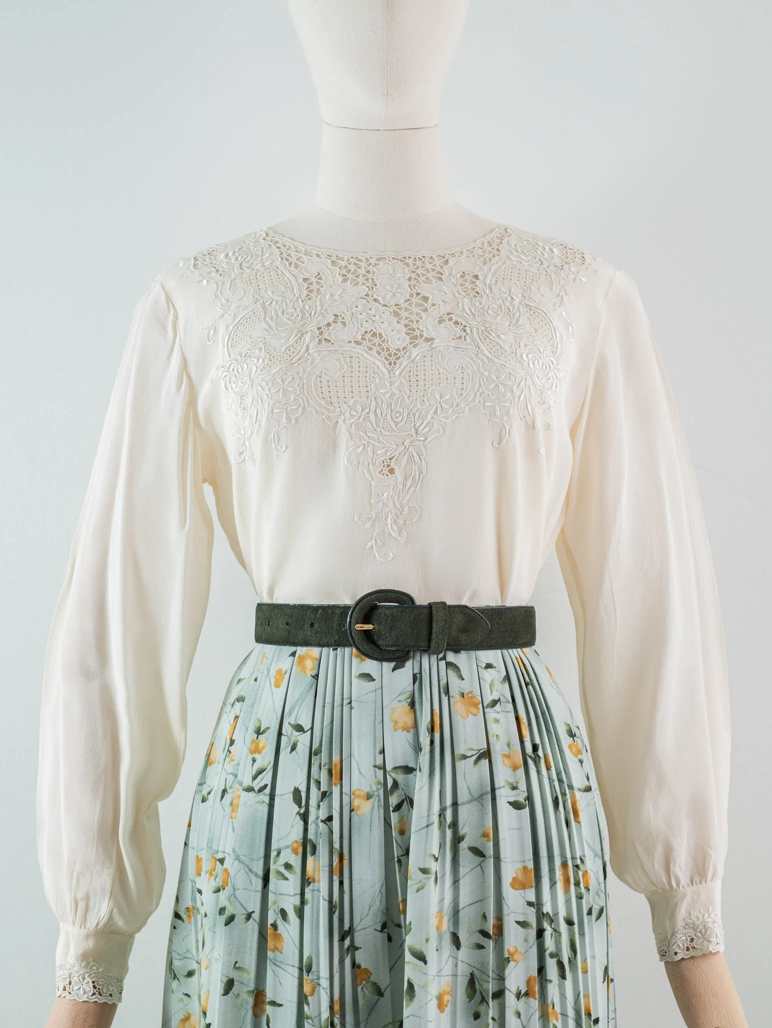 Vintage Cream Embroidered Round Neck Silk Blouse