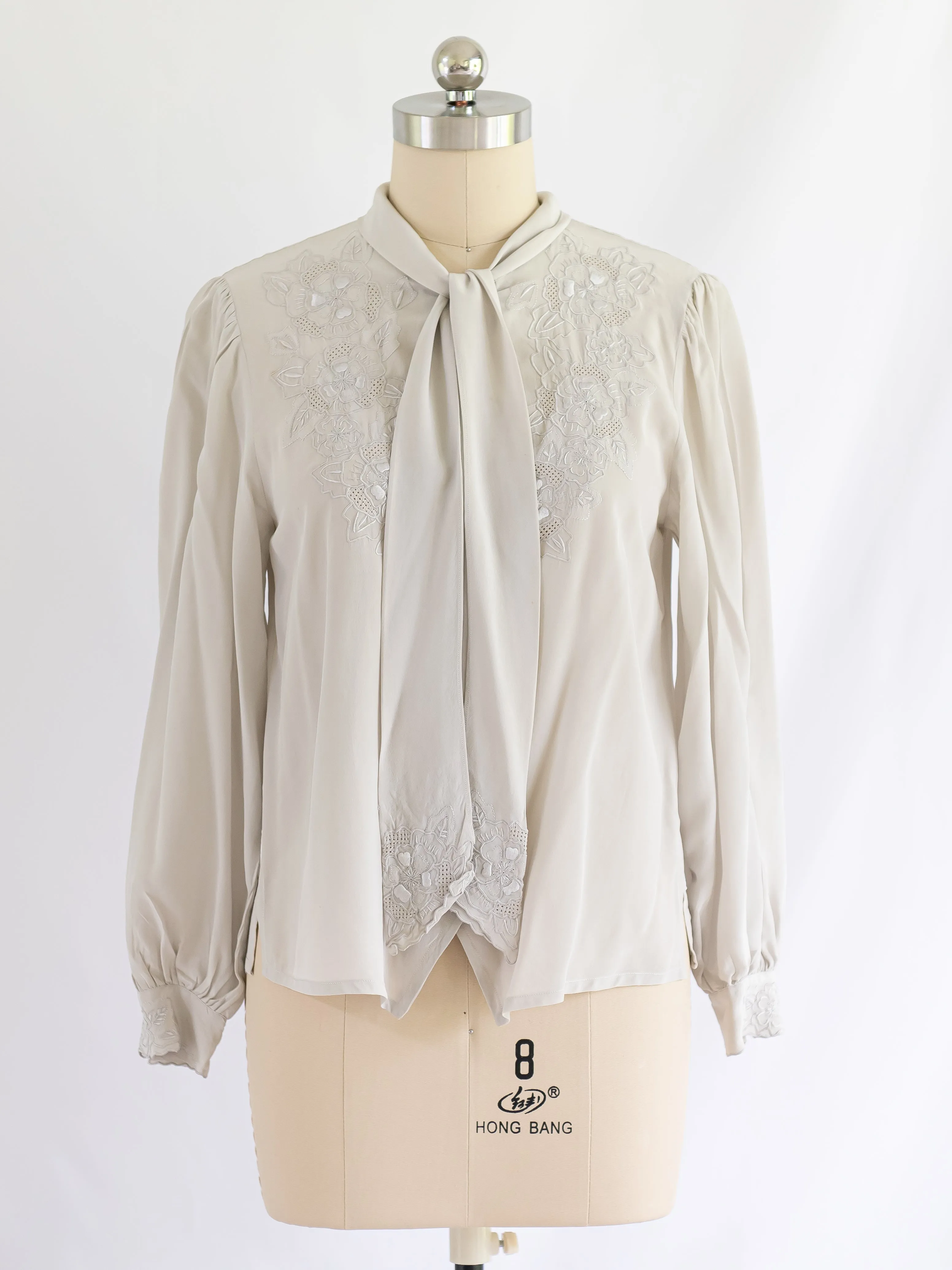 Vintage Grey Adjustable Tie Neck Embroidered Border Blouse