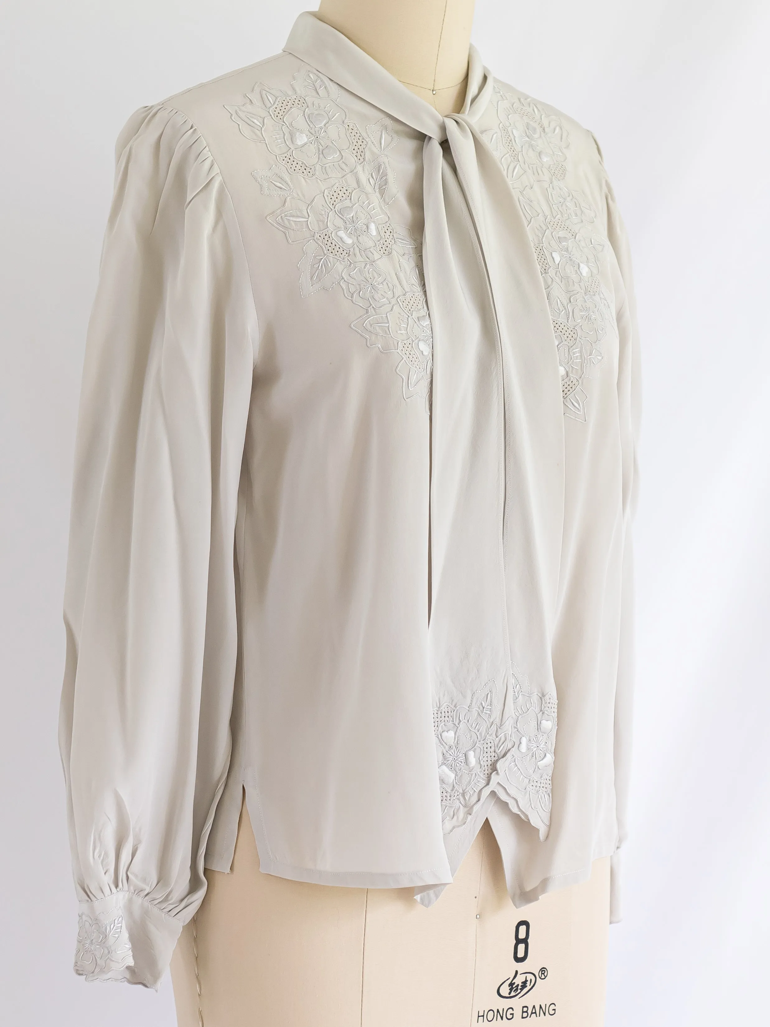 Vintage Grey Adjustable Tie Neck Embroidered Border Blouse