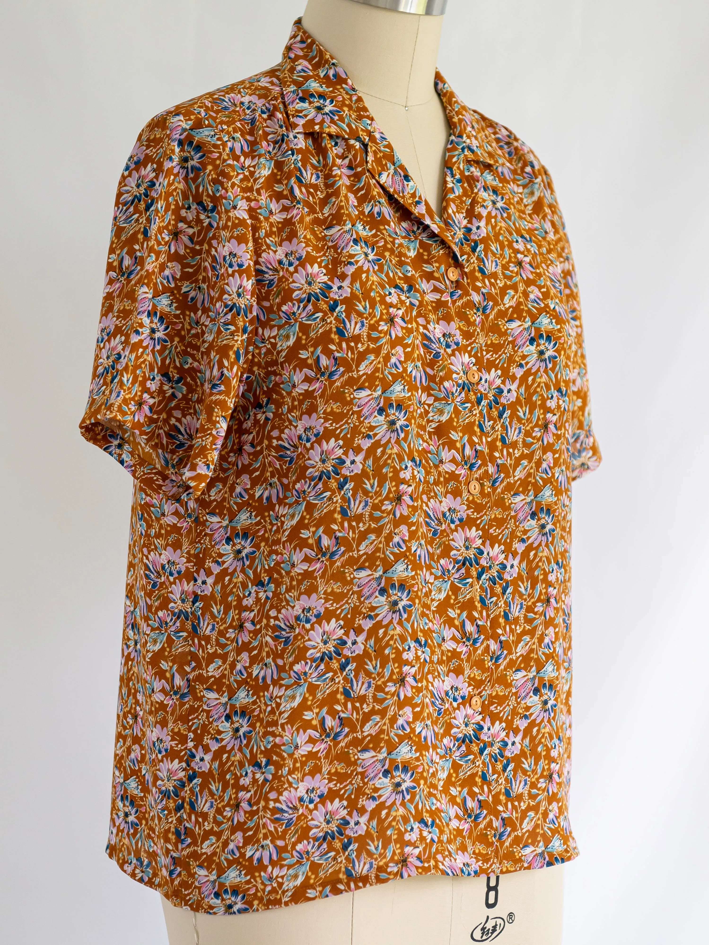 Vintage Orange Chiffon Daisy Floral Print Blouse