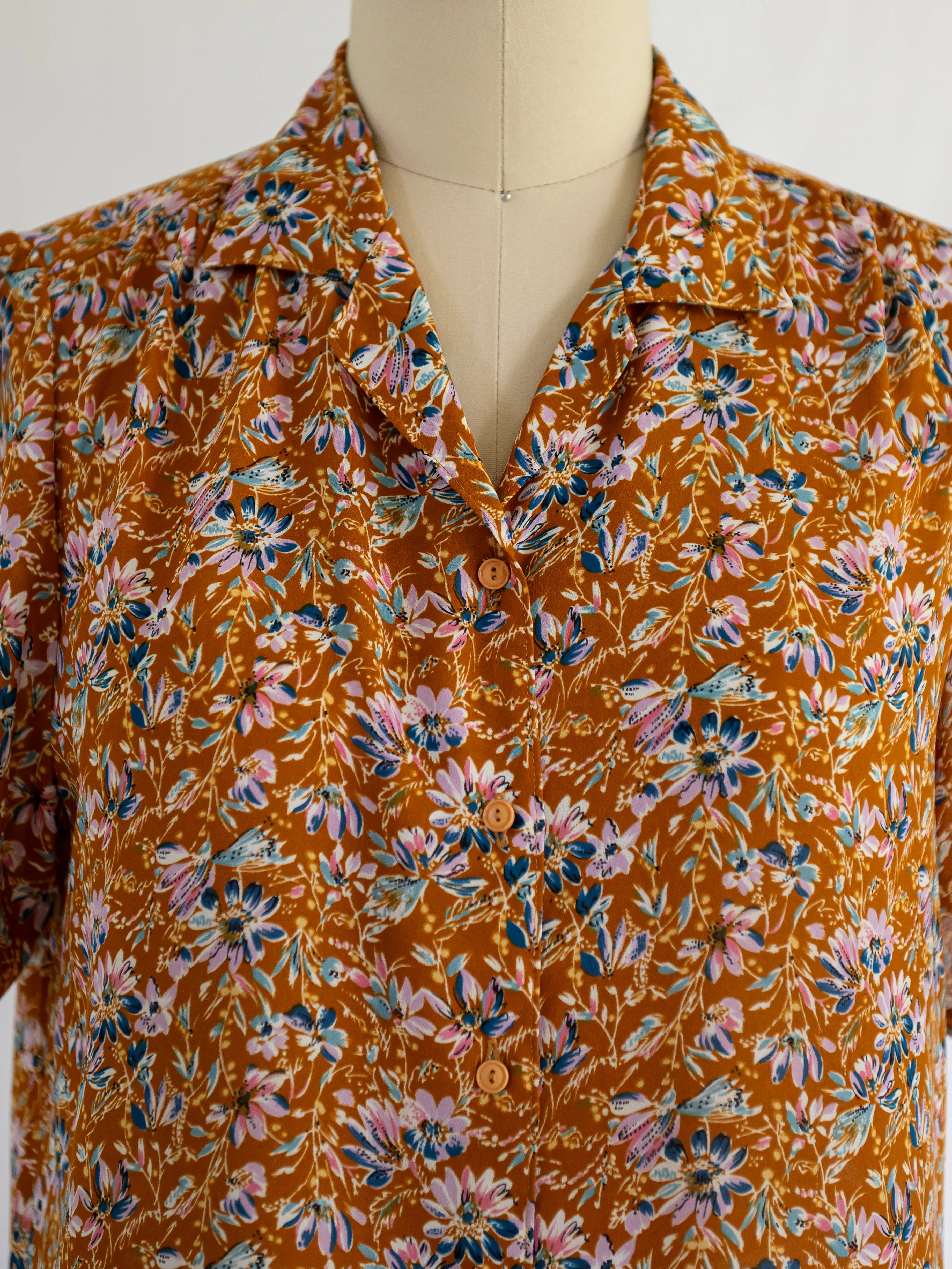 Vintage Orange Chiffon Daisy Floral Print Blouse