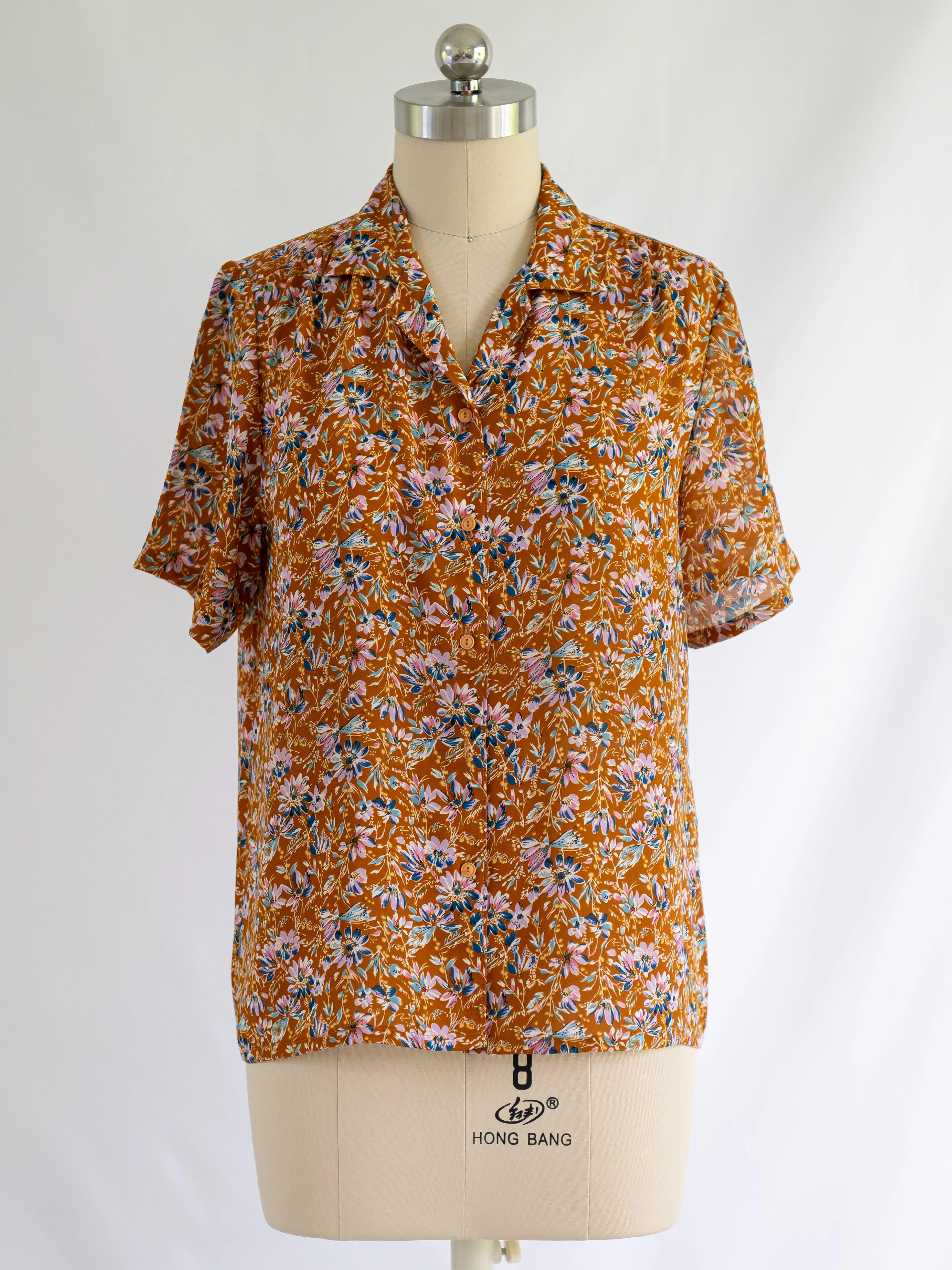 Vintage Orange Chiffon Daisy Floral Print Blouse