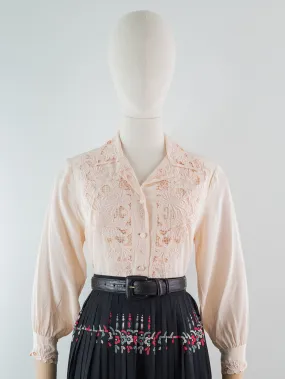 Vintage Silk Coral Pink Lace Border Collared Blouse