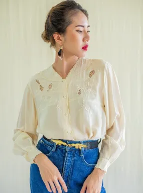 Vintage Silk V-neckline Floral Embroidered Blouse