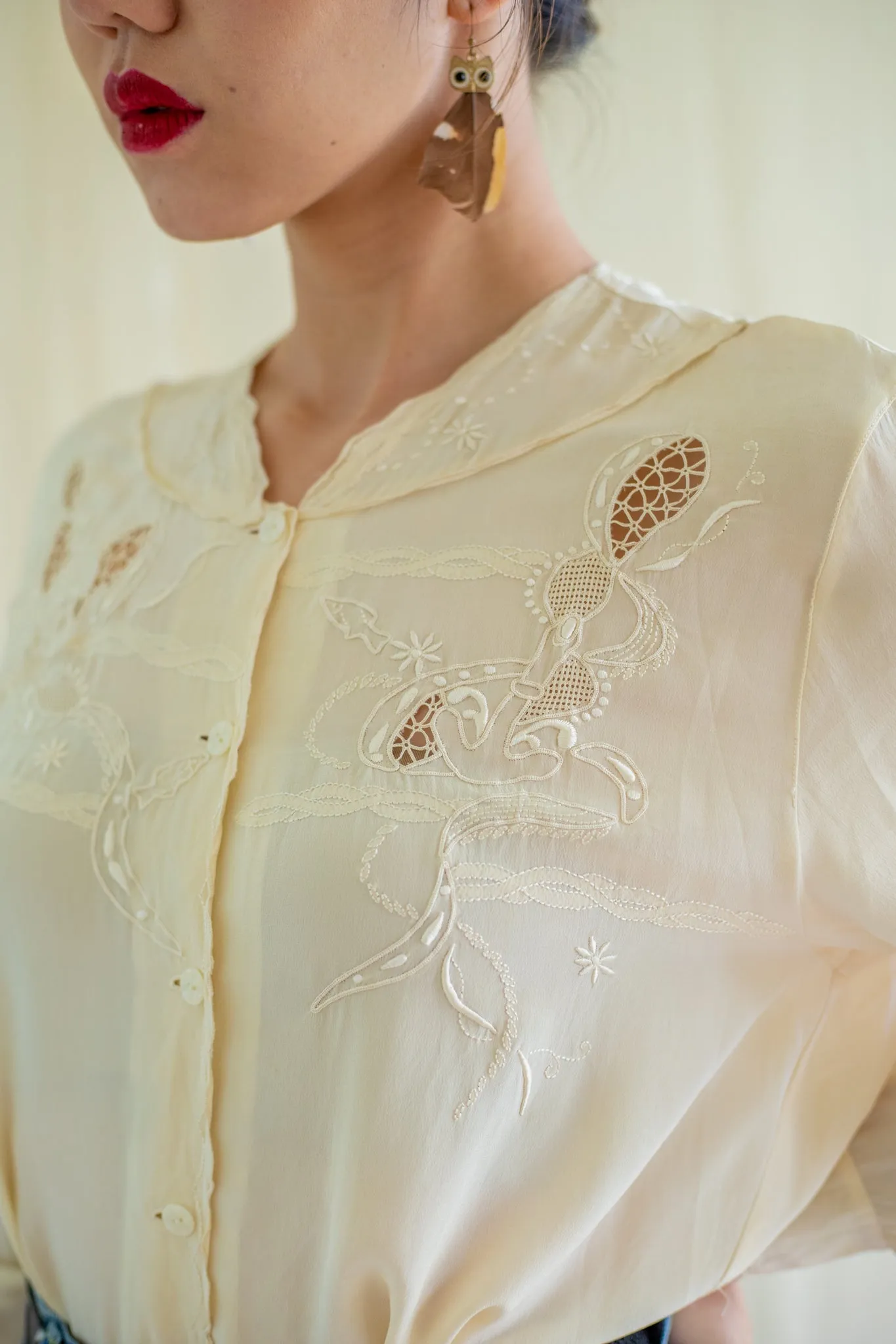 Vintage Silk V-neckline Floral Embroidered Blouse