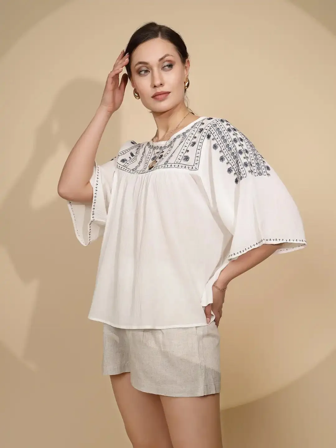 White Polyester Blend Regular Fit Blouson Top For Women