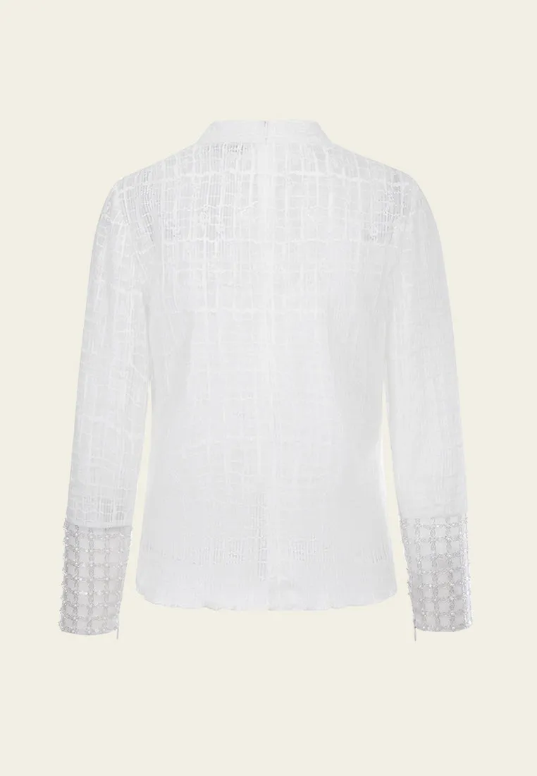 White Stand Collar Pleated Blouse