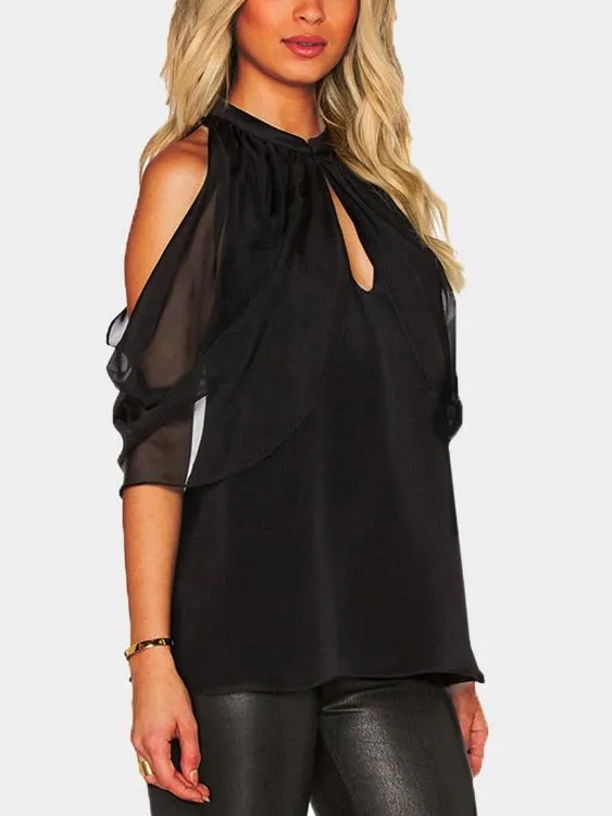 Wholesale Cold Shoulder Plain Cut Out Self-Tie 3/4 Length Sleeve Black Blouses