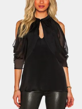 Wholesale Cold Shoulder Plain Cut Out Self-Tie 3/4 Length Sleeve Black Blouses