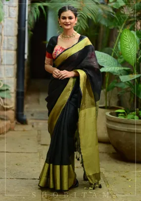 Wide Antique Golden Border  Linen by Linen Saree in Black