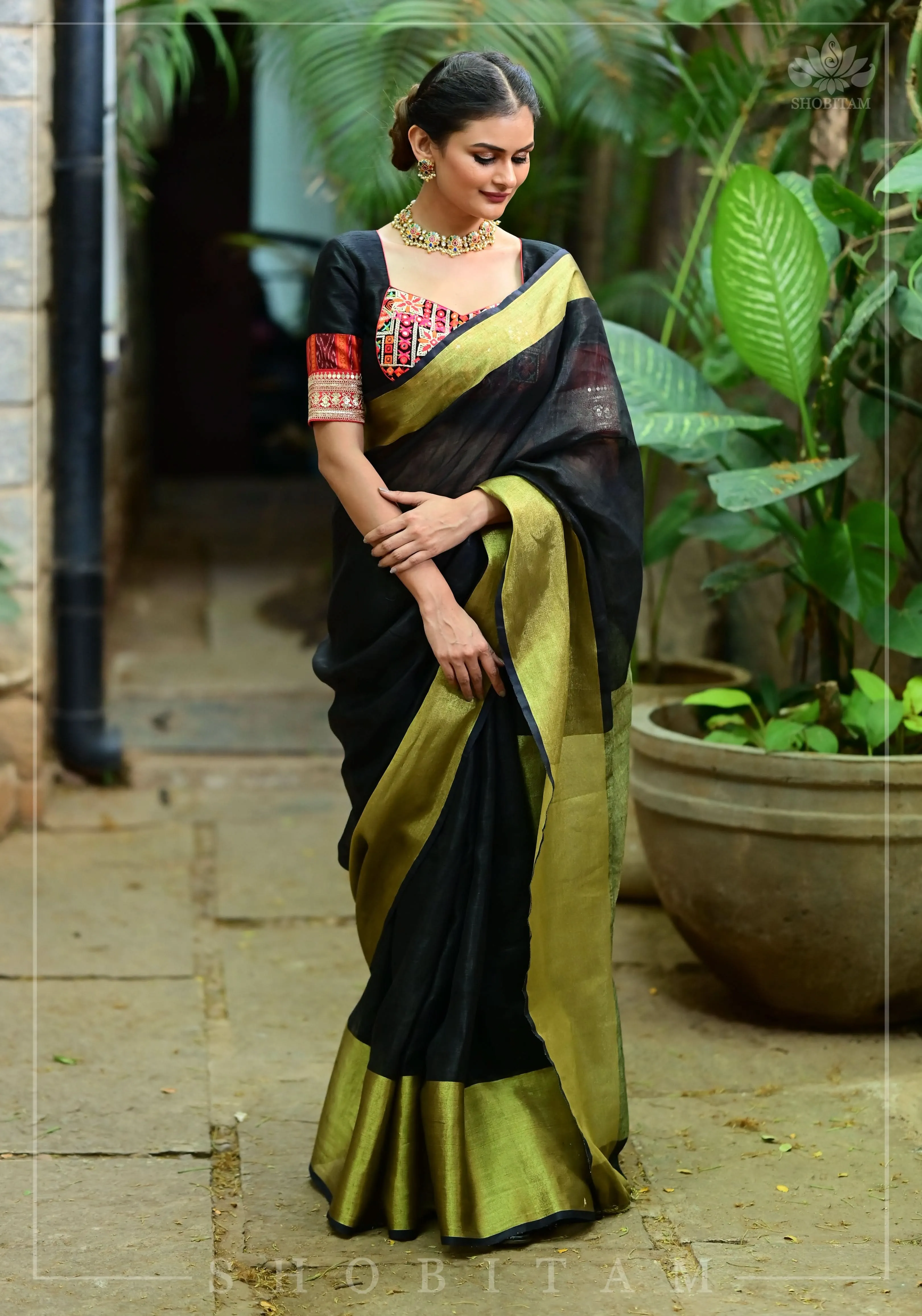 Wide Antique Golden Border  Linen by Linen Saree in Black