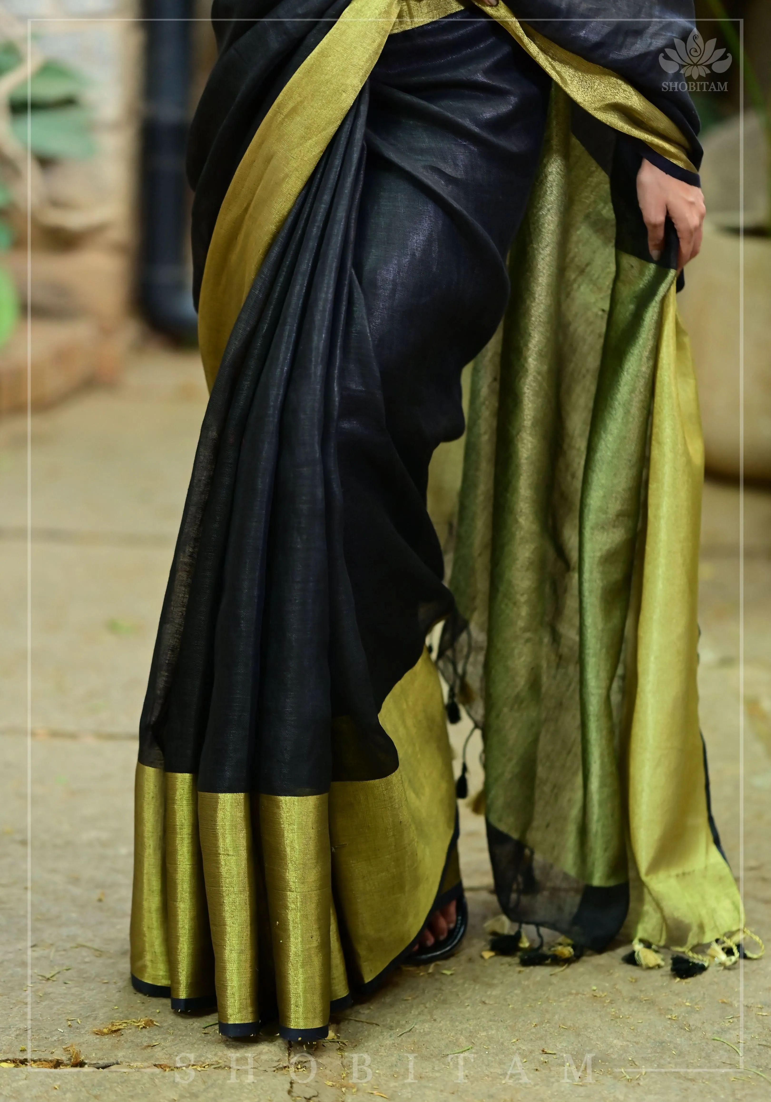 Wide Antique Golden Border  Linen by Linen Saree in Black