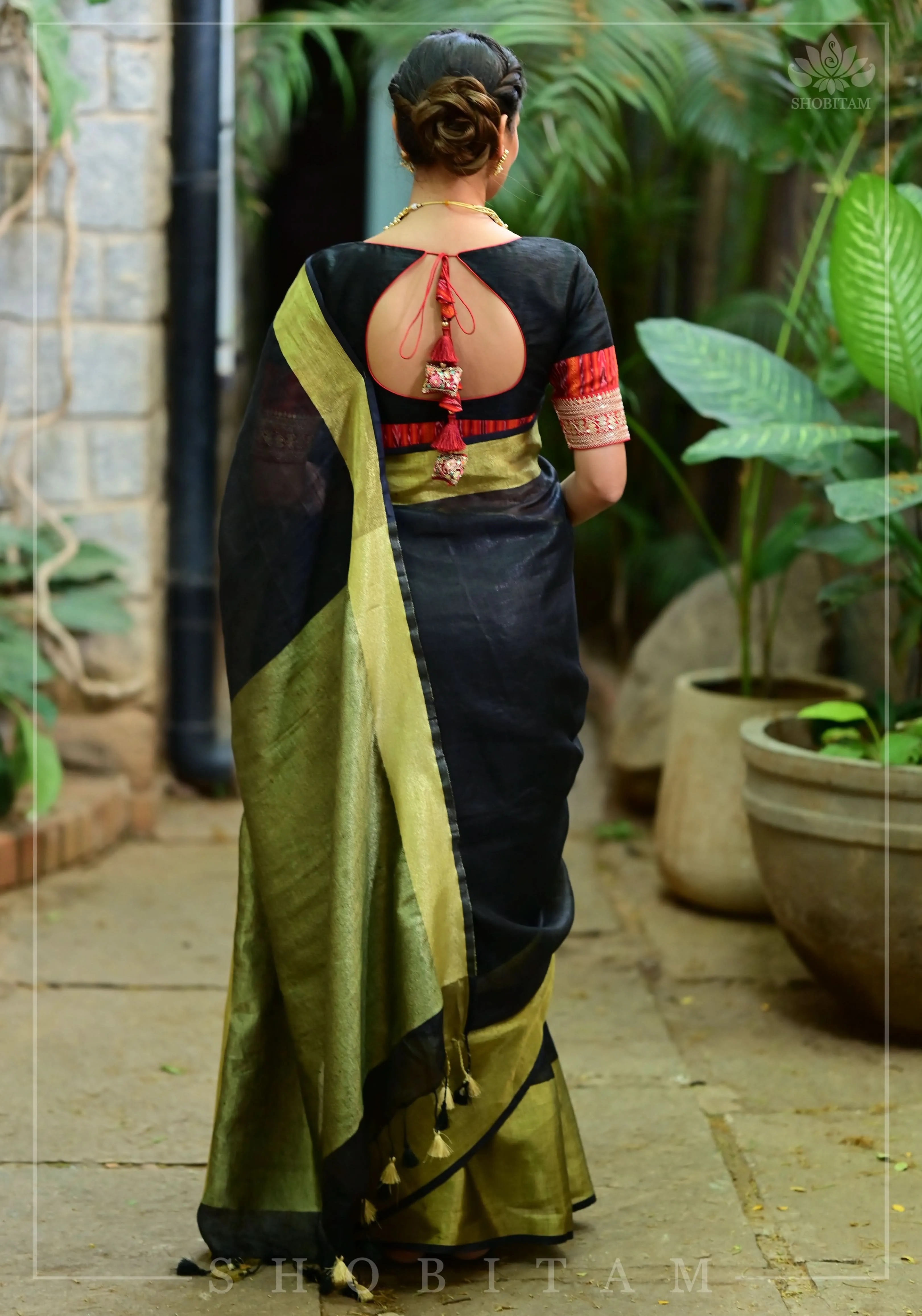 Wide Antique Golden Border  Linen by Linen Saree in Black