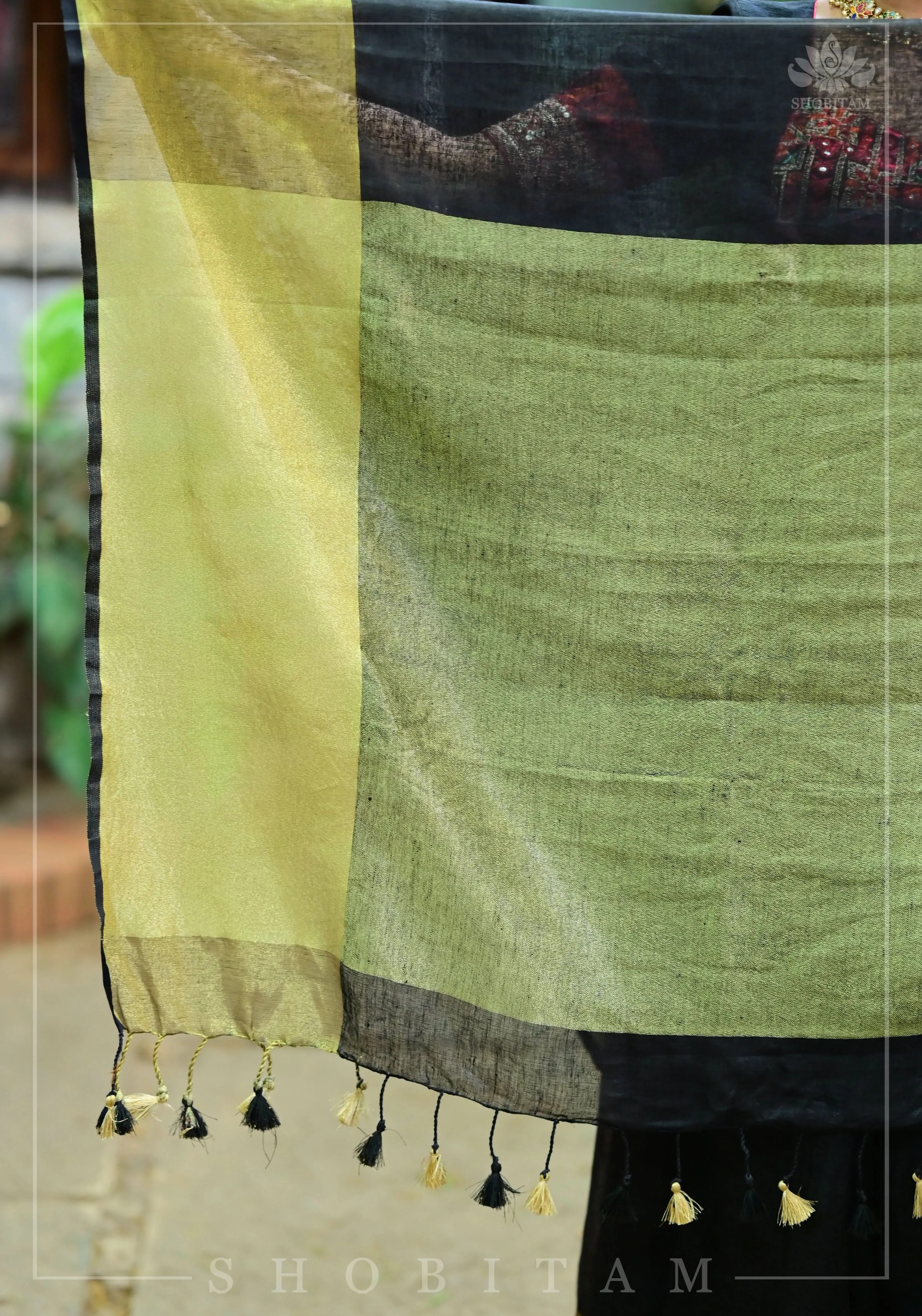 Wide Antique Golden Border  Linen by Linen Saree in Black