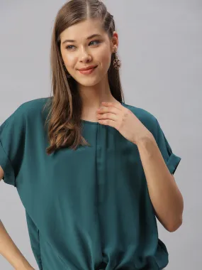 Women Solid Green Cinched Waist Top