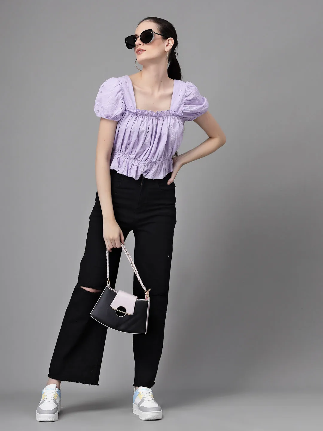 Women Square-Neck Embroidered Blouson Top