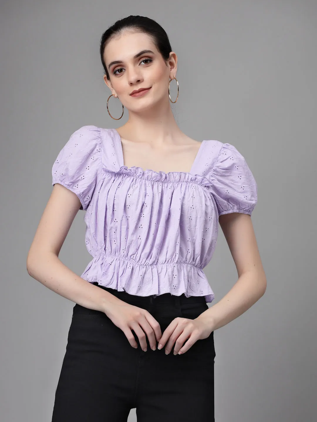 Women Square-Neck Embroidered Blouson Top