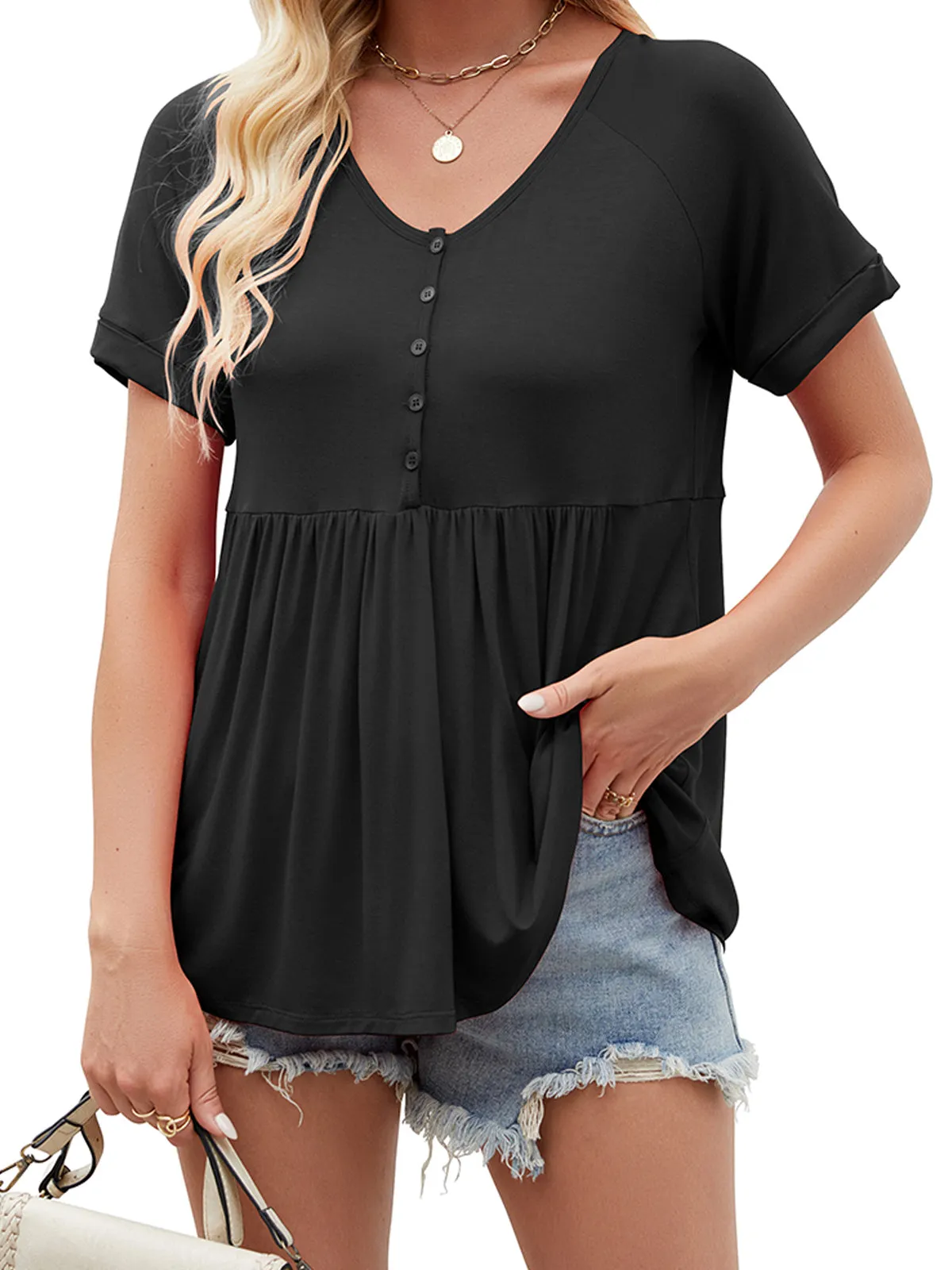 Women Tops Babydoll Short Sleeve V Neck Button Up Shirts Casual Loose Fit Peplum Blouses