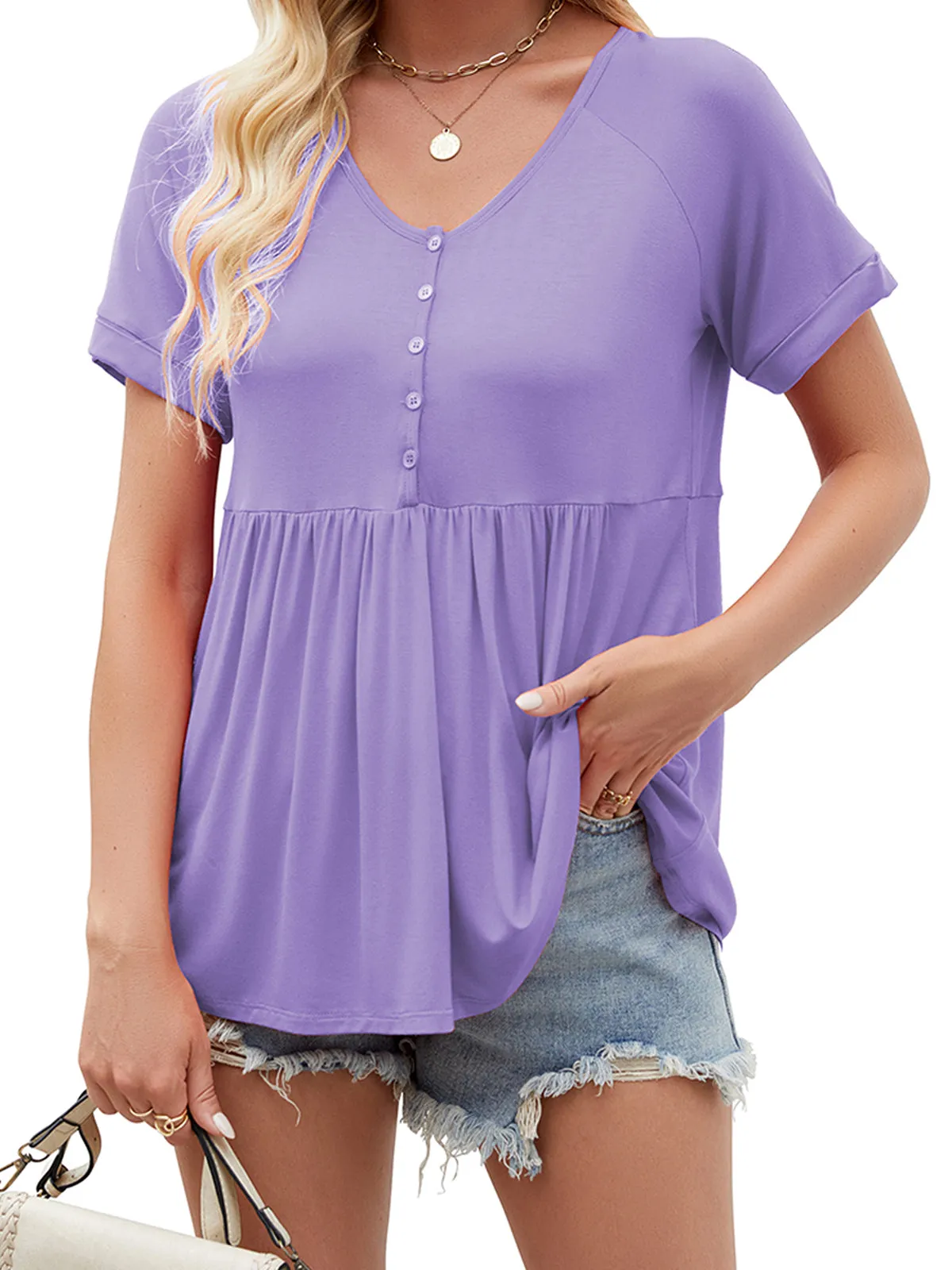 Women Tops Babydoll Short Sleeve V Neck Button Up Shirts Casual Loose Fit Peplum Blouses