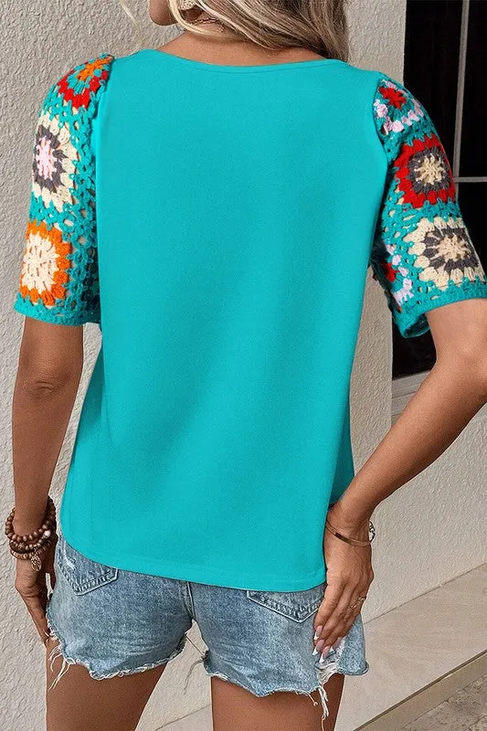 Women Turquoise Floral Crochet Short Sleeve Top