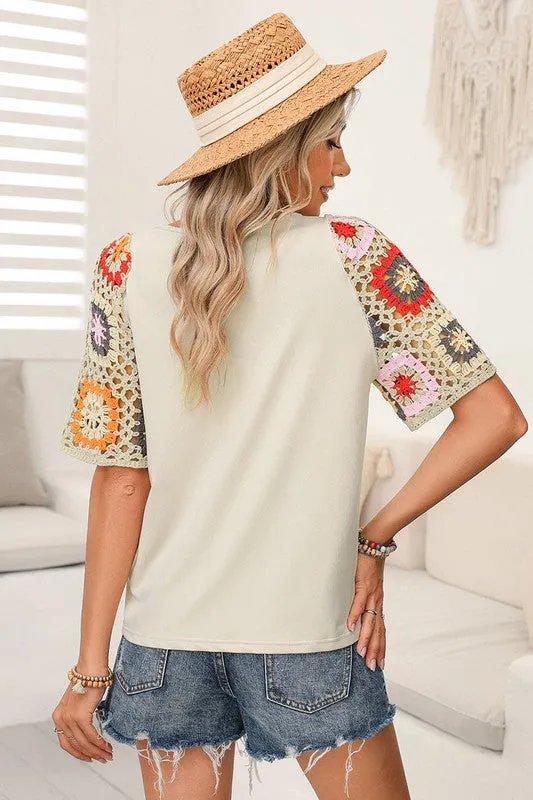 Women Turquoise Floral Crochet Short Sleeve Top