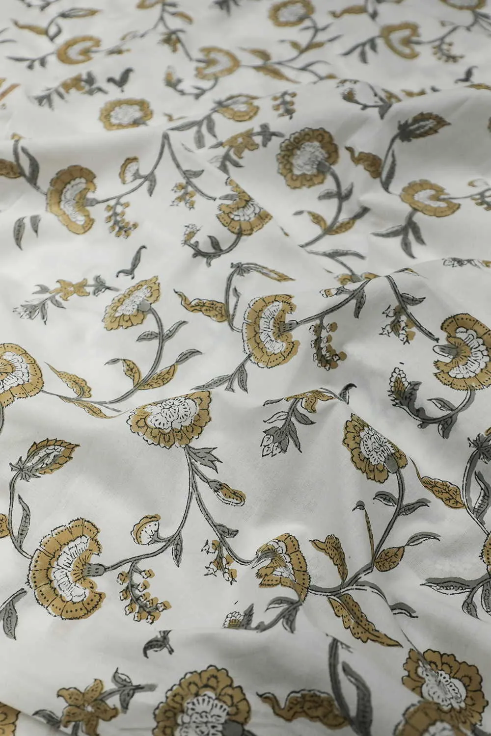 Yellow & Grey Floral Sanganeri Cotton Fabric - 1m