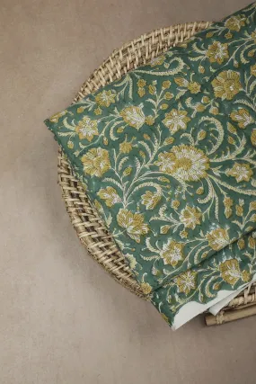 Yellow Floral on Green Sanganeri Cotton Fabric - 1.5m