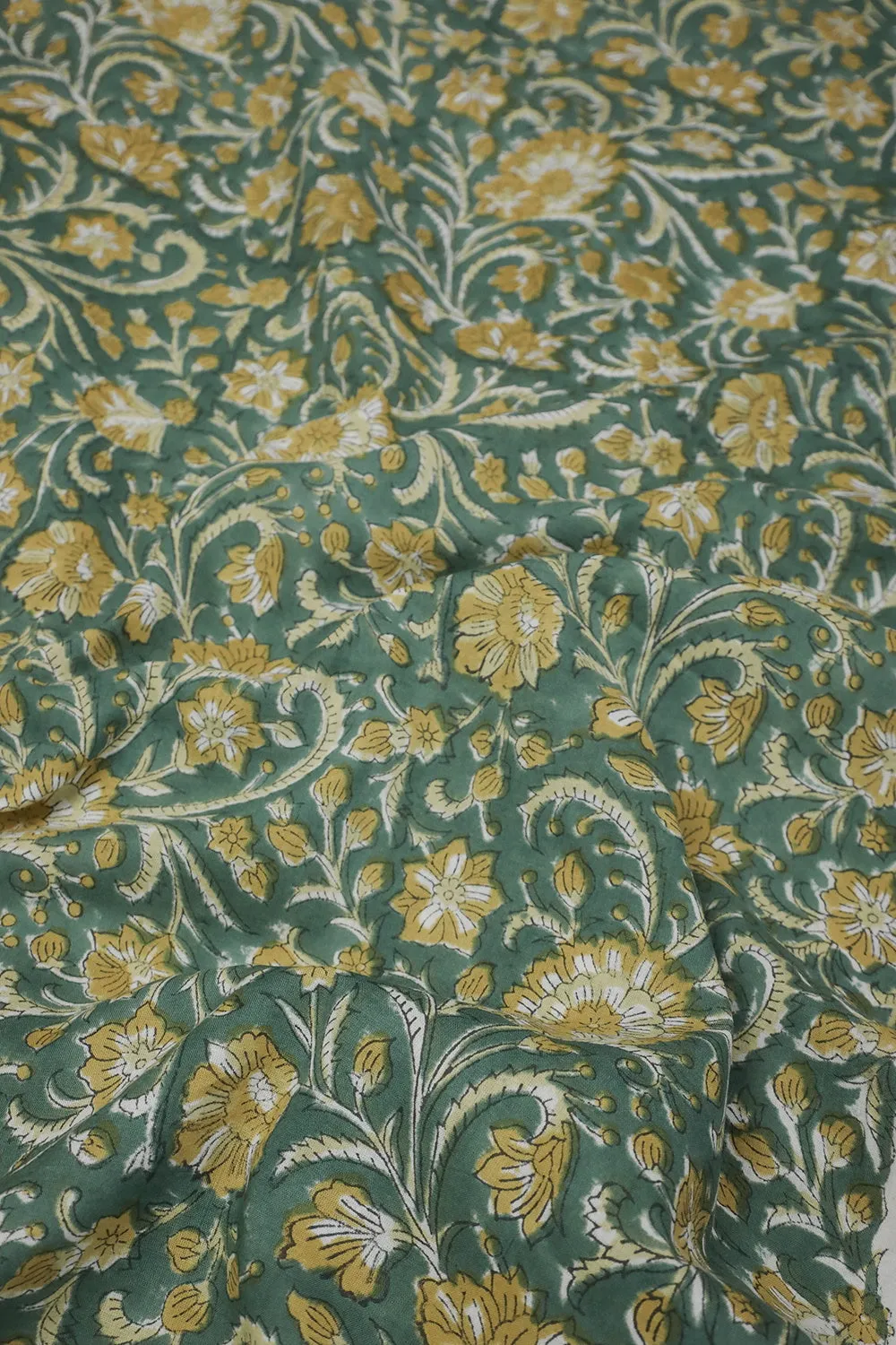 Yellow Floral on Green Sanganeri Cotton Fabric - 1.5m