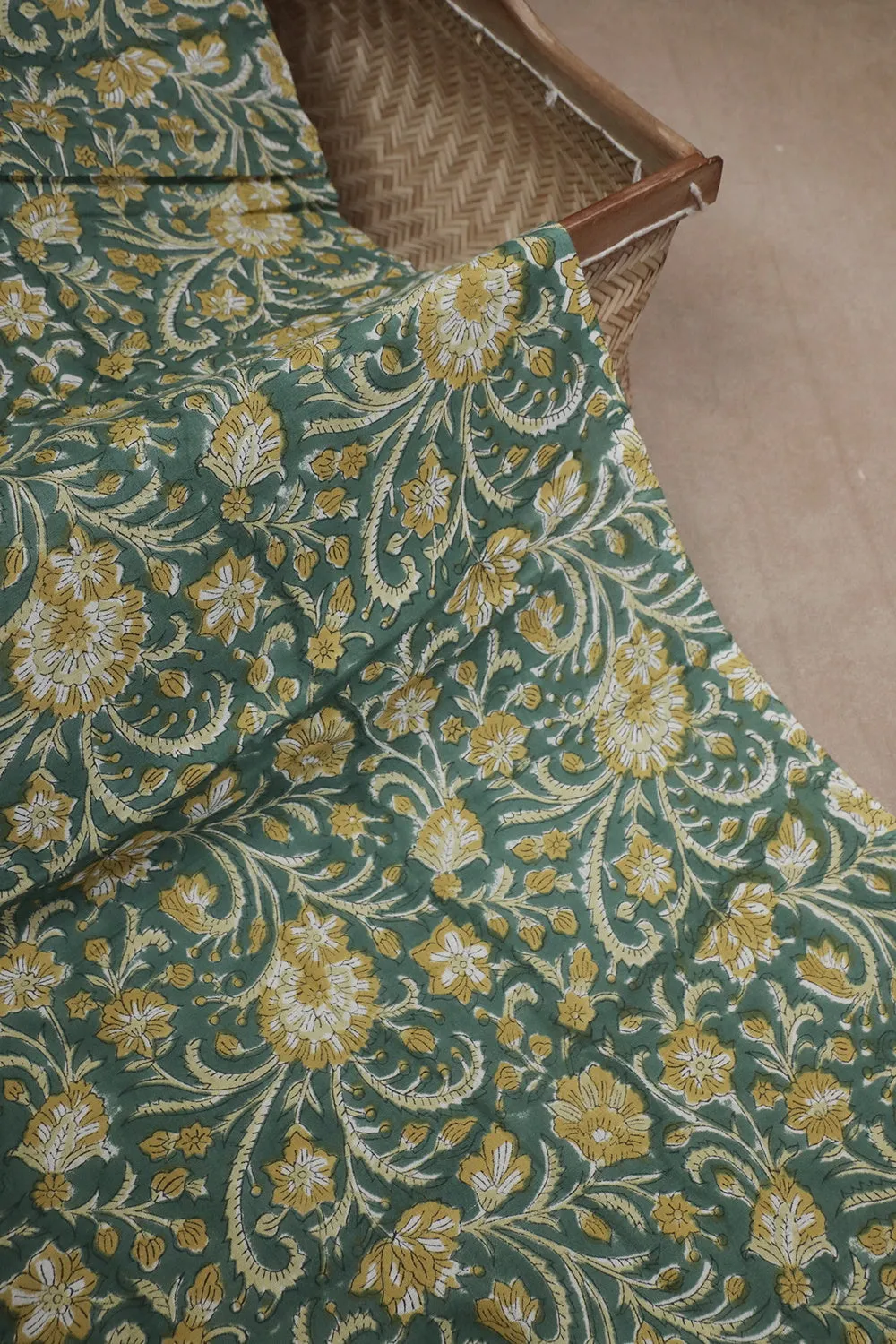 Yellow Floral on Green Sanganeri Cotton Fabric - 1.5m