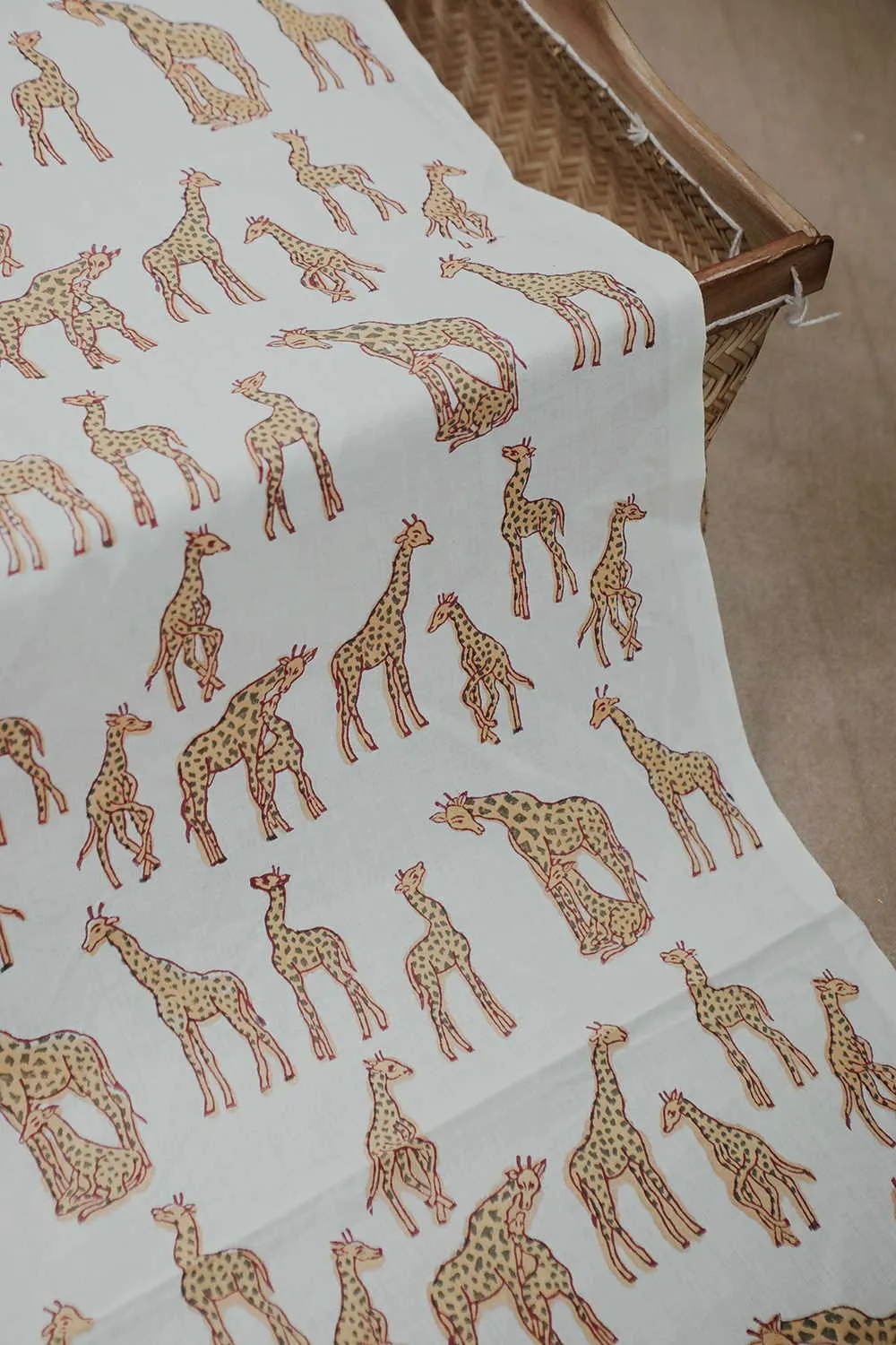 Yellow Giraffe - Cream Sanganeri Cotton Fabric