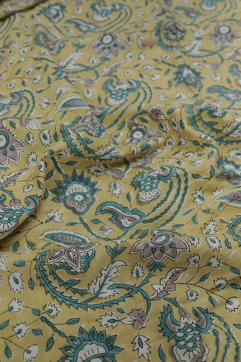 Yellow with Florals Sanganeri Cotton Fabric - 2m