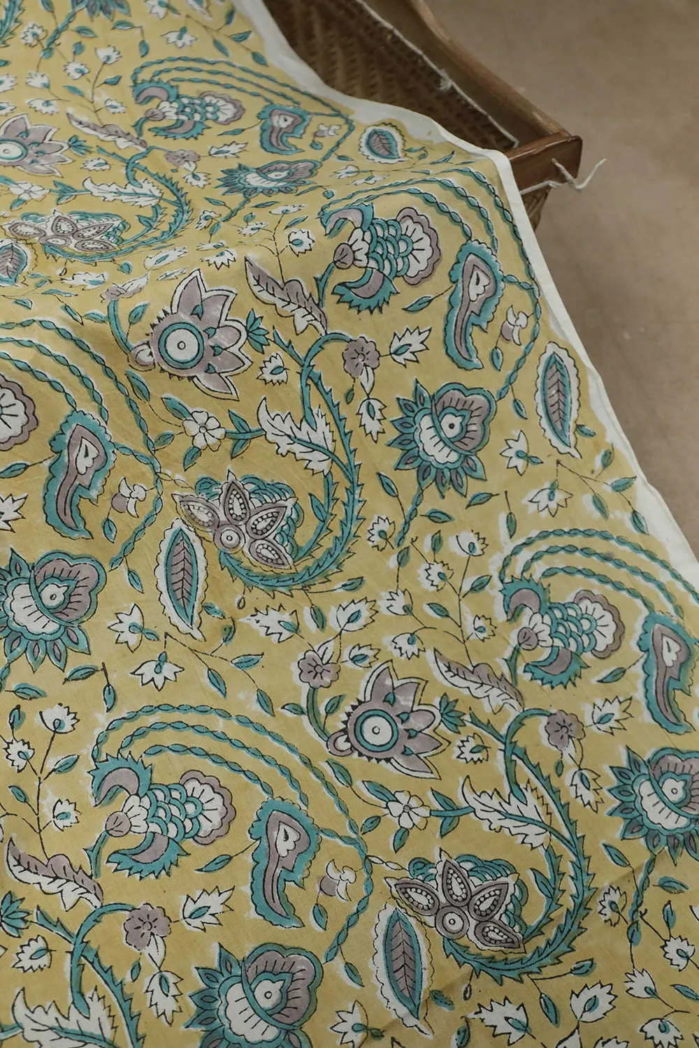 Yellow with Florals Sanganeri Cotton Fabric - 2m